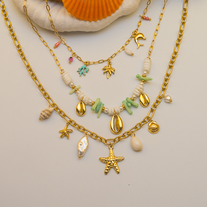 Fashion 304 Stainless Steel Shell Starfish Conch Necklace For Women Vacation Beach Ocean Style Coconut Tree Titanium Steel Jewelry Accessories