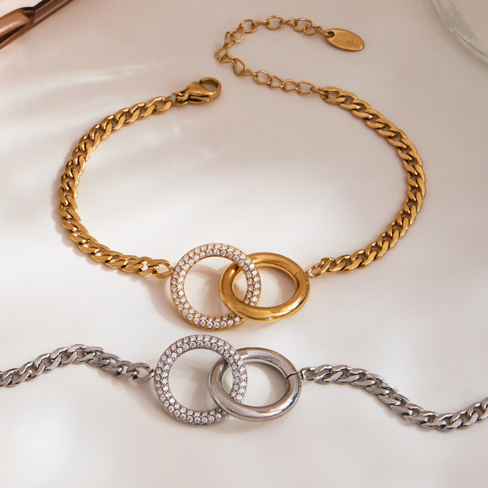 Stainless Steel Double Ring Zircon Necklace Bracelet 18K Gold Plated Fashionable Versatile Luxury Jewelry Accessories Set