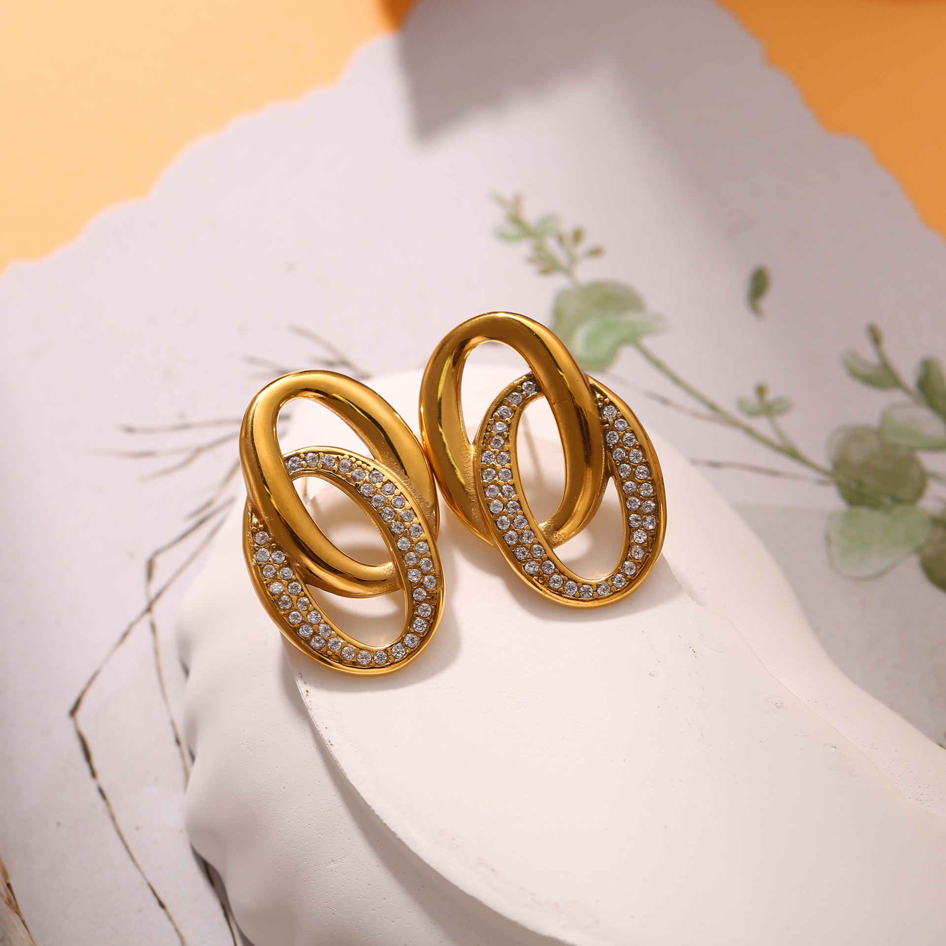 UV Electroplated 18K Real Gold Stainless Steel Casting Double O Splicing Zirconia Earrings Niche European And American Style Trendy Fashion Earrings