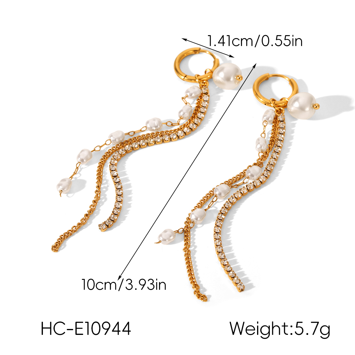 304 Stainless Steel Earrings Pearl Chain Zircon Chain Tassel Earrings Light Luxury High-end Long Earrings Versatile Accessories Vacuum Electroplating 18K Real Gold Plated