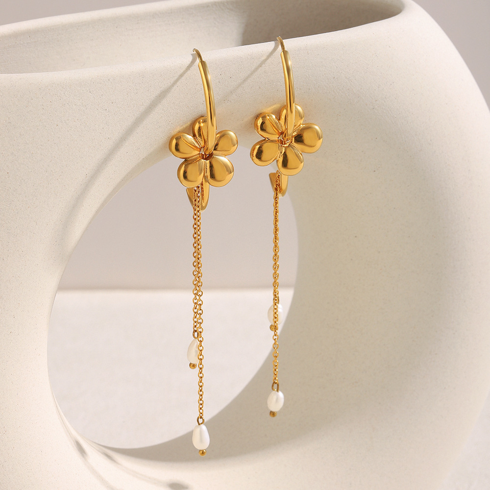 Elegant Versatile High-End Pearl Tassel Earrings Stainless Steel Plated 18K Gold Geometric Pattern Luxury Style For Women
