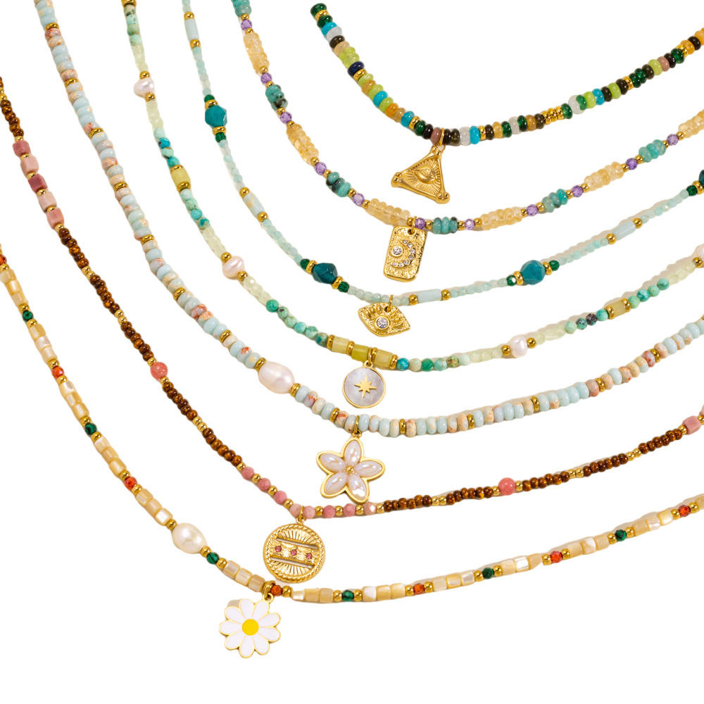 European And American New Style Light Luxury Fashion Natural Stone Beaded Necklace 304 Stainless Steel Clavicle Chain Vacuum Electroplating 14K Real Gold Plated Pendant Necklace Fresh Small Niche Retro Style