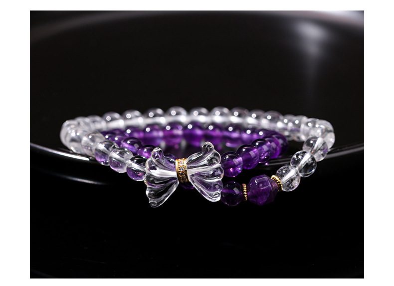 JD Jewelry Double Ring Bracelet Natural Amethyst White Crystal Bow Simple Style Fashion Sweet Style Women's Accessories
