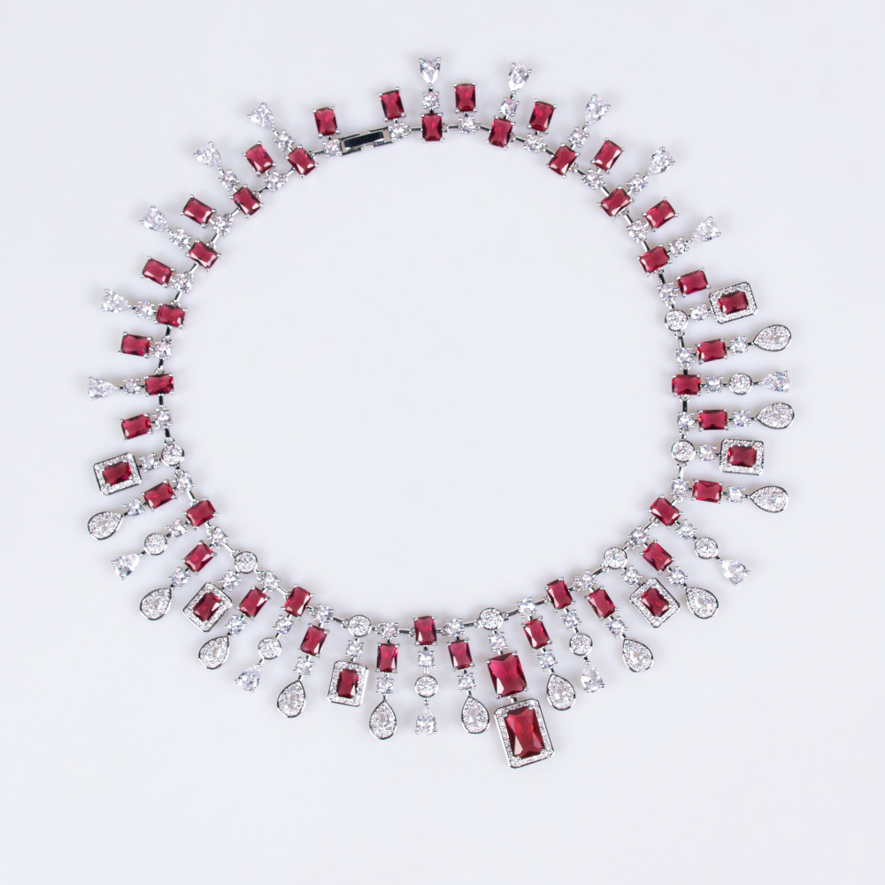Hip-Hop Luxury Elegant Fashion Women's Water Drop Square Zircon Necklace Earrings Bridal Banquet Jewelry Set