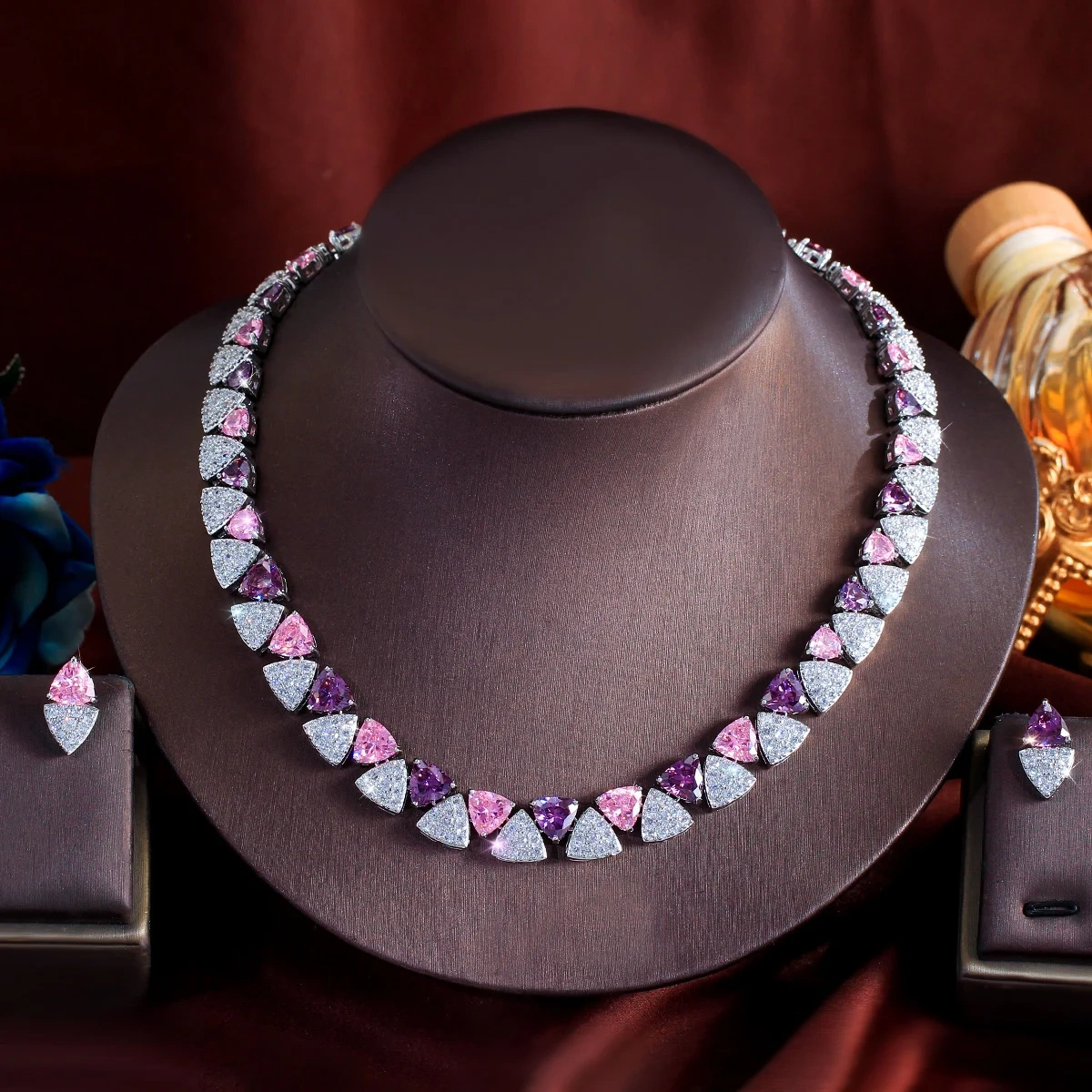 2-Piece Copper Jewelry Set Romantic Geometric Pink Purple Triangle Cubic Zirconia Necklace Earrings Set For Women Wedding Evening Jewelry Accessories