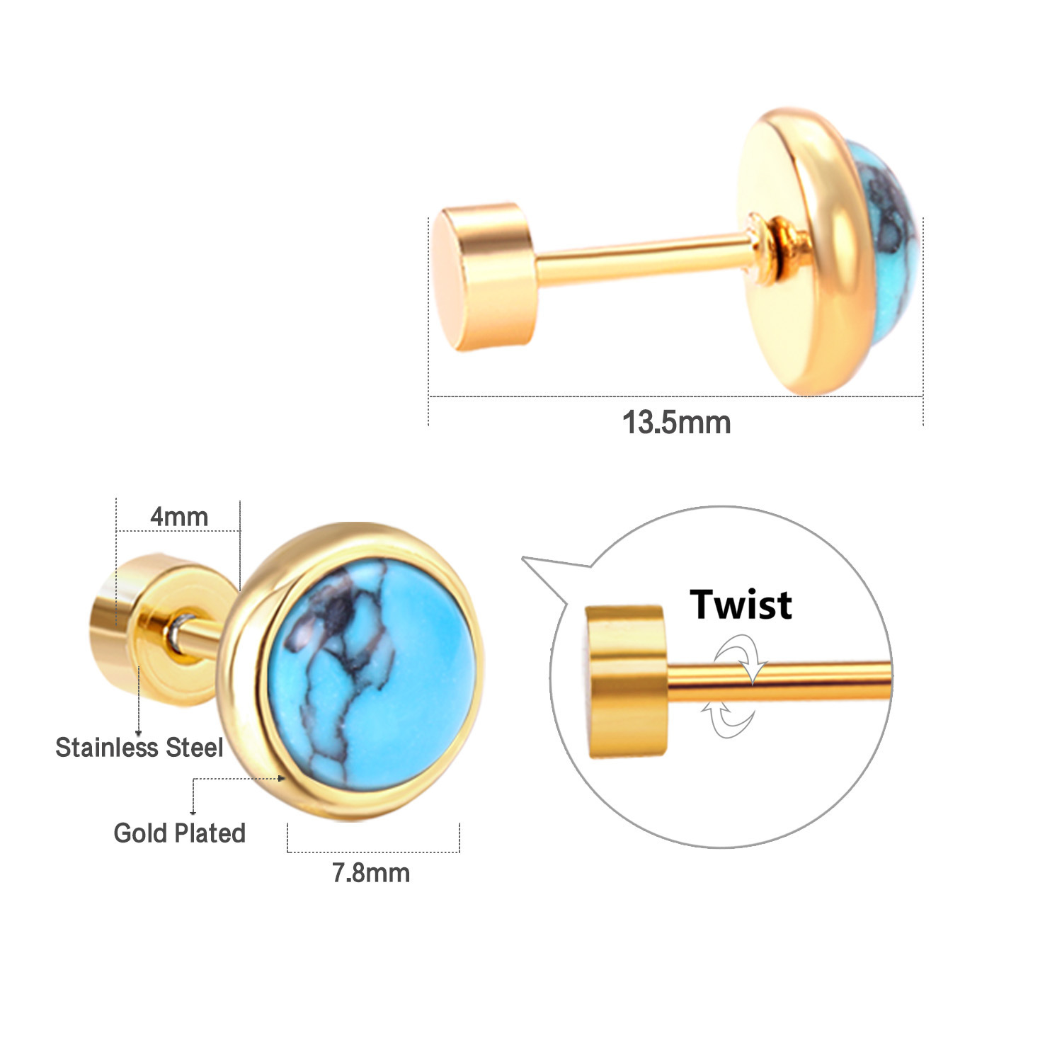 Fashionable Stainless Steel Turquoise Ear Cuff Simple Elegant Screw Back Earrings Women's Geometric Pattern Round Plating Jewelry