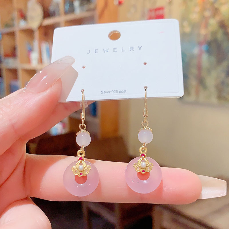 Trendy Commuter Ear Hooks New Chinese Style Geometric Pattern Natural Agate Earrings For Women Elegant Fashionable Popular