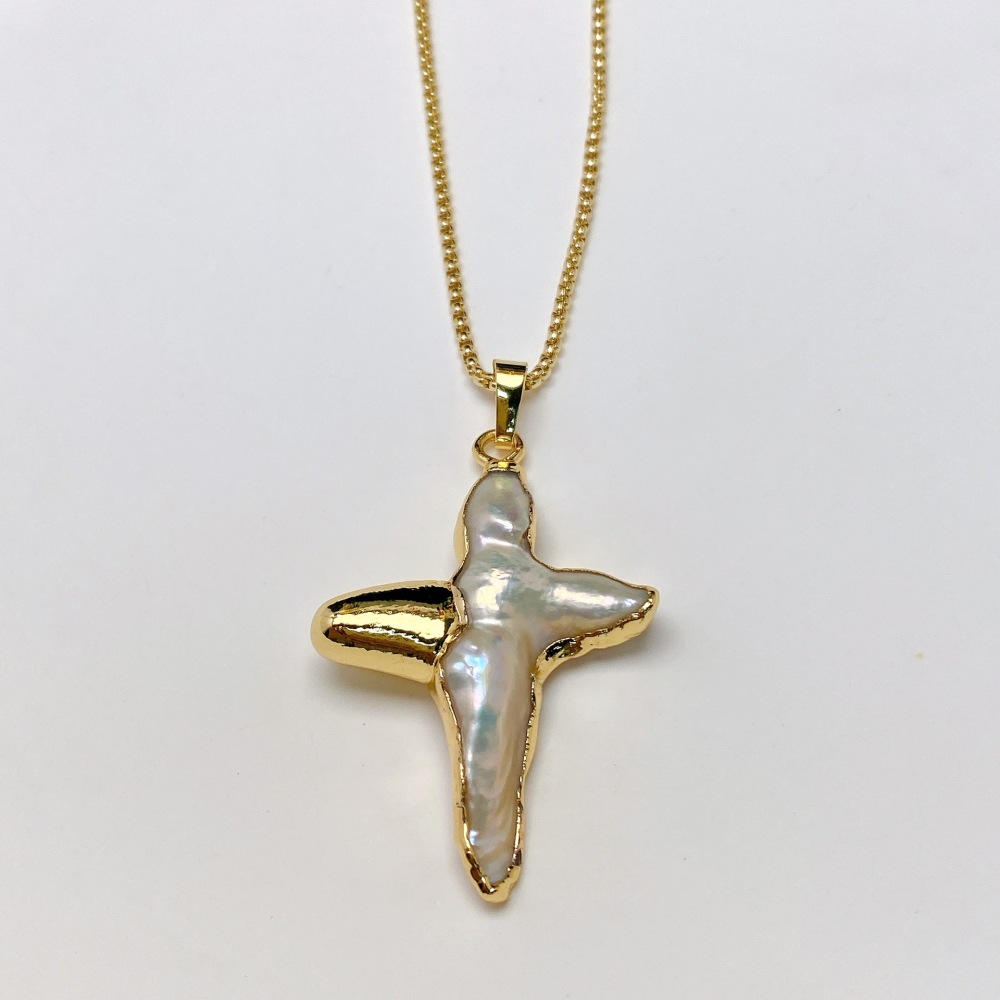 Natural Freshwater Pearl Cross Pendant Earrings Necklace DIY Jewelry Gold Plated Copper Elegant Fashion Accessories