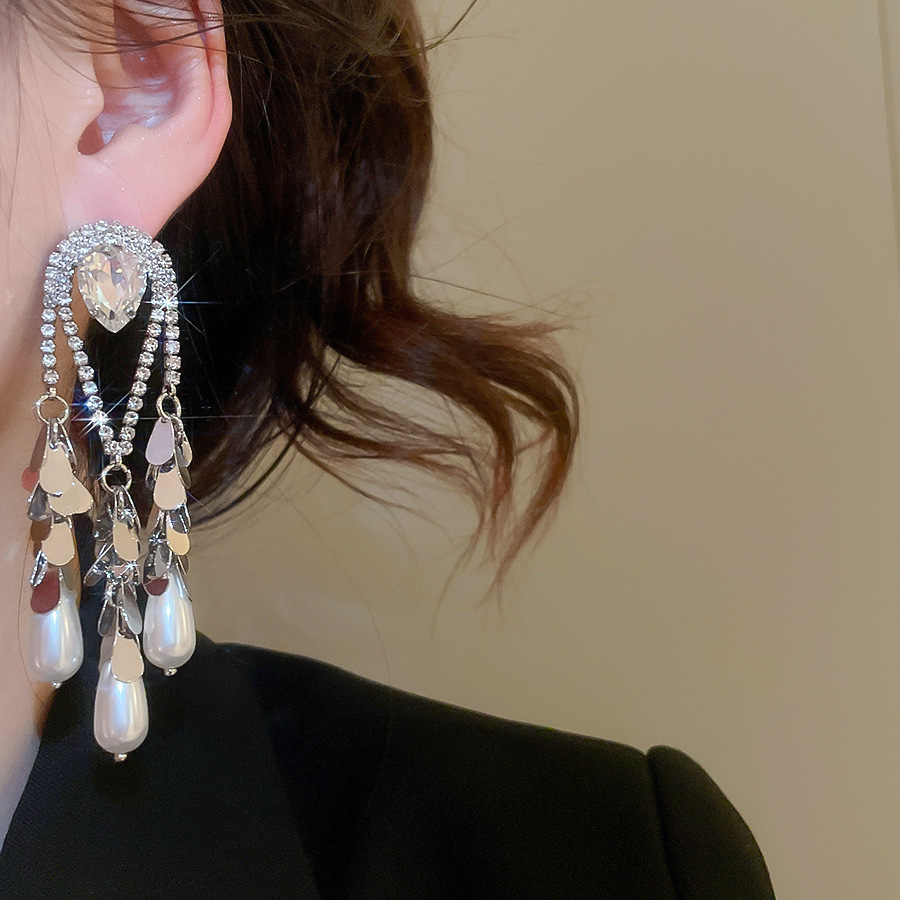 Gold Plated Silver Pin Inlaid Diamond Water Drop Pearl Earrings Vintage Heavy Earrings Jewelry Accessories