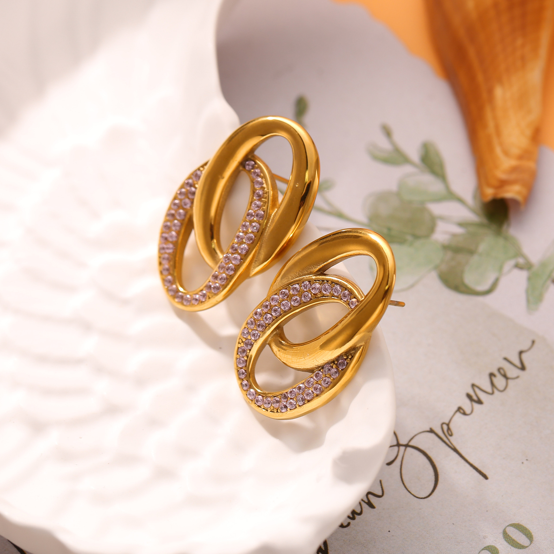 UV Electroplated 18K Real Gold Stainless Steel Casting Double O Splicing Zirconia Earrings Niche European And American Style Trendy Fashion Earrings