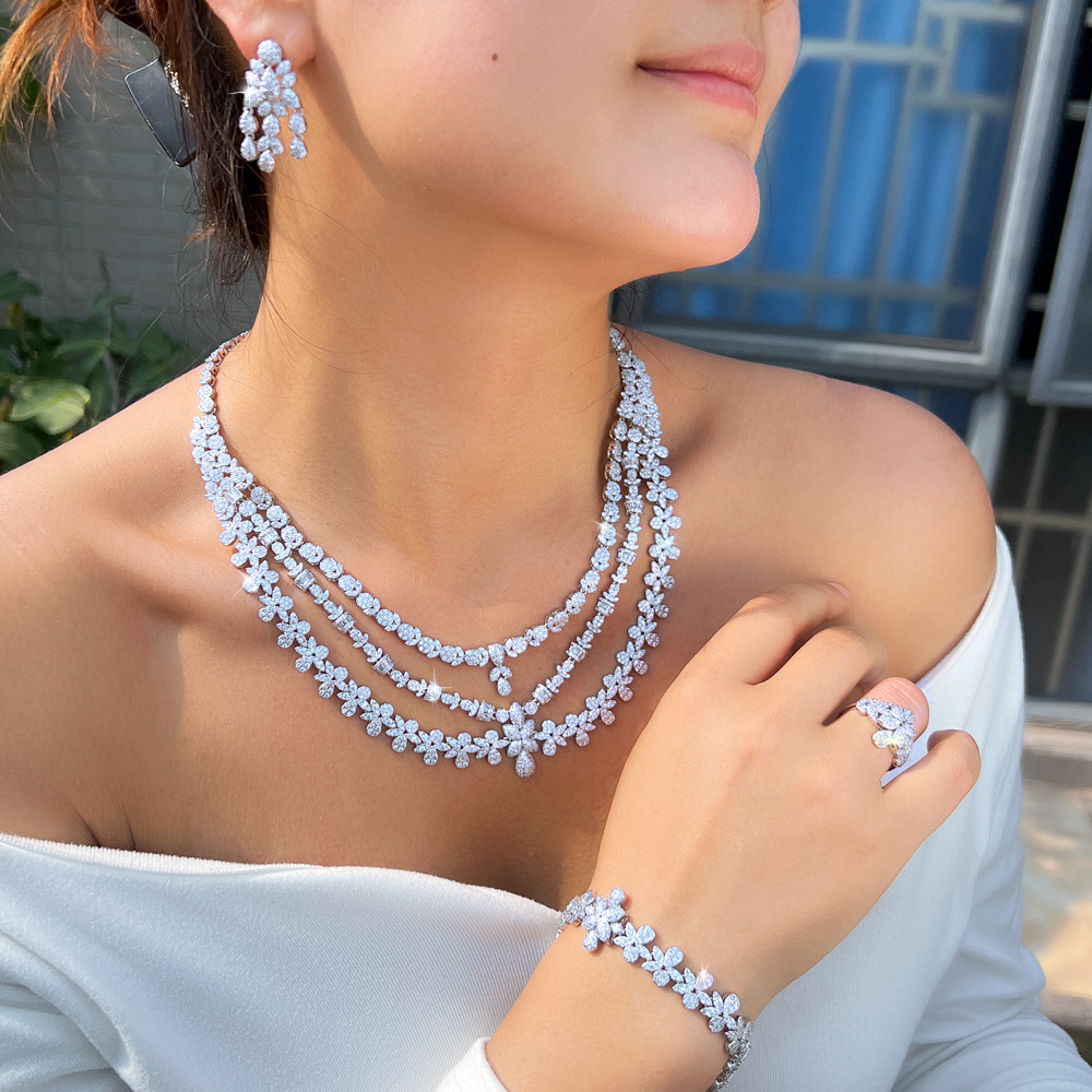 Women's 4 Piece Gold Plated Copper Jewelry Set Zircon Necklace Earrings Bracelet Ring Bridal Set For Wedding Party Date New Style Luxury