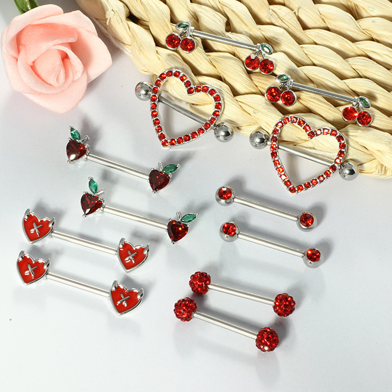 Red Diamond Embedded Heart Cherry Piercing Jewelry Set Women's Stainless Steel Fashion Accessories  Style