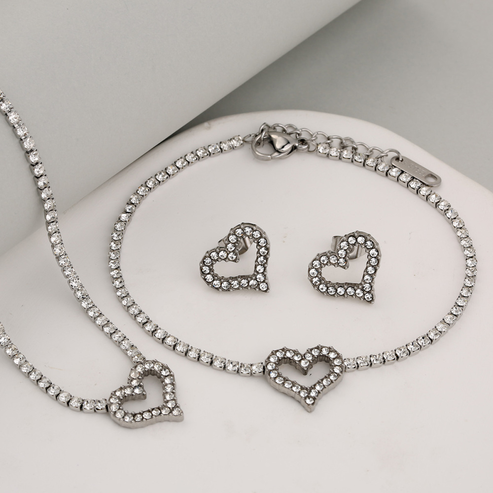 Stainless Steel Full Drill Jewelry Set Cross Circle Heart Shaped Vacuum Plating 18K Gold Dipped Water Diamond Accessories
