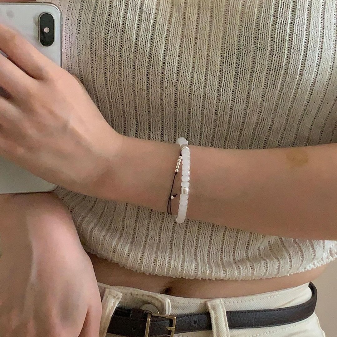 New Natural Stone Agate S925 Pure Silver Beaded Elastic Colorful Fashionable Macaron Hand Bracelet New Style Women's Accessory