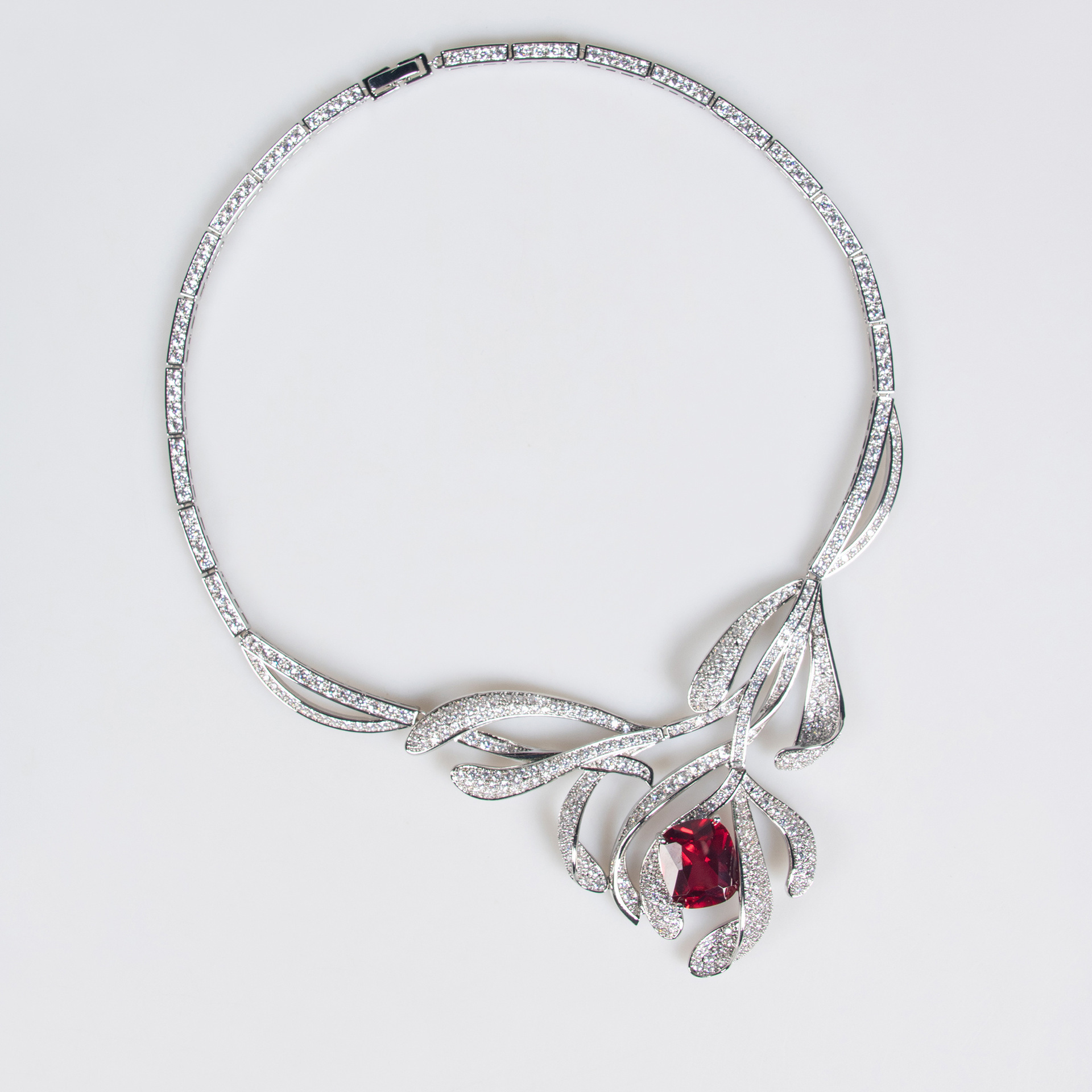 Luxurious Chinese Style Floral Necklace And Earring Set Embedded With Red Corundum Exquisite Jewelry For Women Plant Floral Pattern