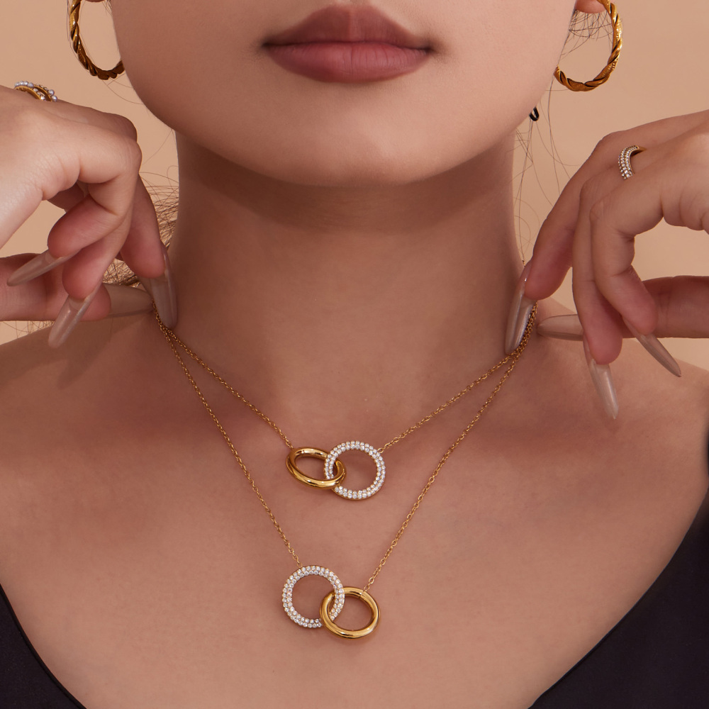 Stainless Steel Double Ring Zircon Necklace Bracelet 18K Gold Plated Fashionable Versatile Luxury Jewelry Accessories Set