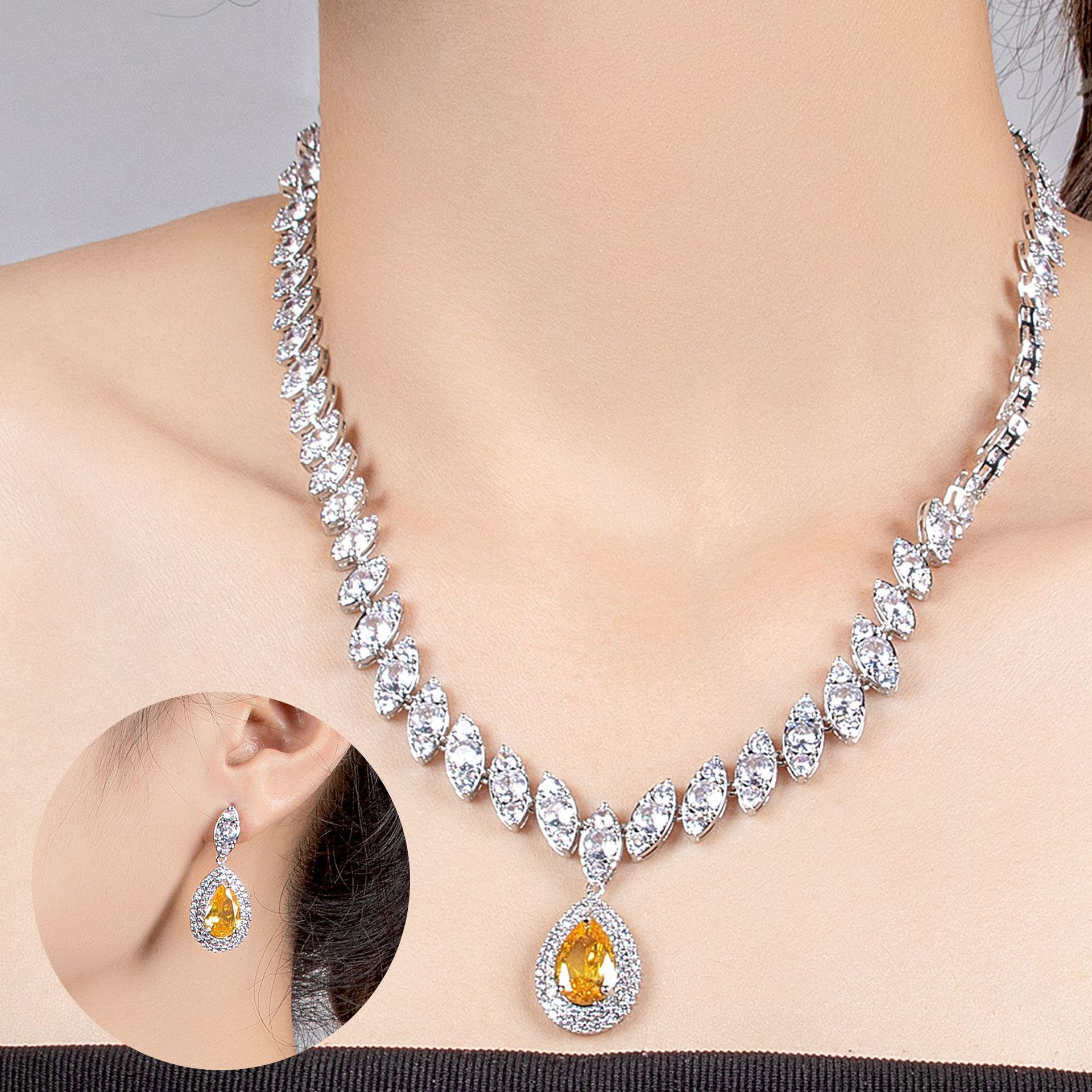 Wedding Bridal Set  Style Waterdrop Necklace Tassel Earrings Zirconia Jewelry Accessories Love Heart Pattern