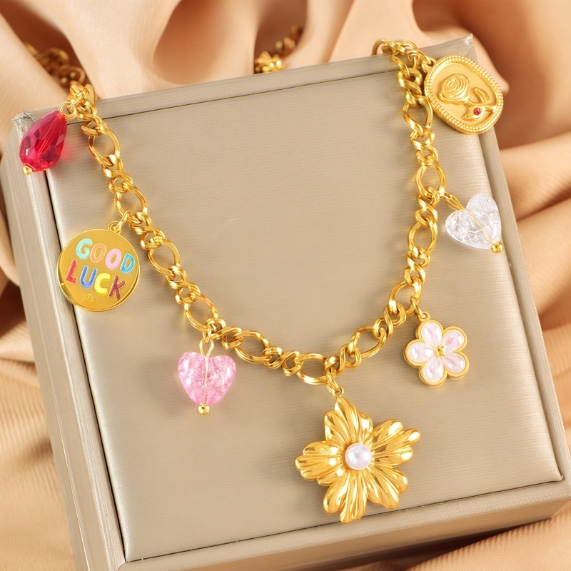 304 Stainless Steel Rose Flower Butterfly PVD Coated 18K Real Gold Plated Elegant Classic Style Waterproof Non Tarnish Plating Lobster Trigger Clasp Closure Multi Charms Necklace