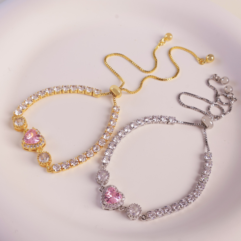 Adjustable Colorful Heart Zircon Bracelet Luxury Sensation Slide Bead Friend Style Genuine Gold Plating Enhanced Color Retention