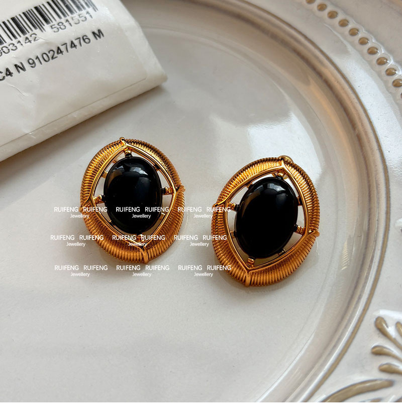 Retro Black Gold Color ShangFeng Style HongKong Retro Women's Earrings Luxury Sensation Ear Jewelry Geometric Pattern Copper