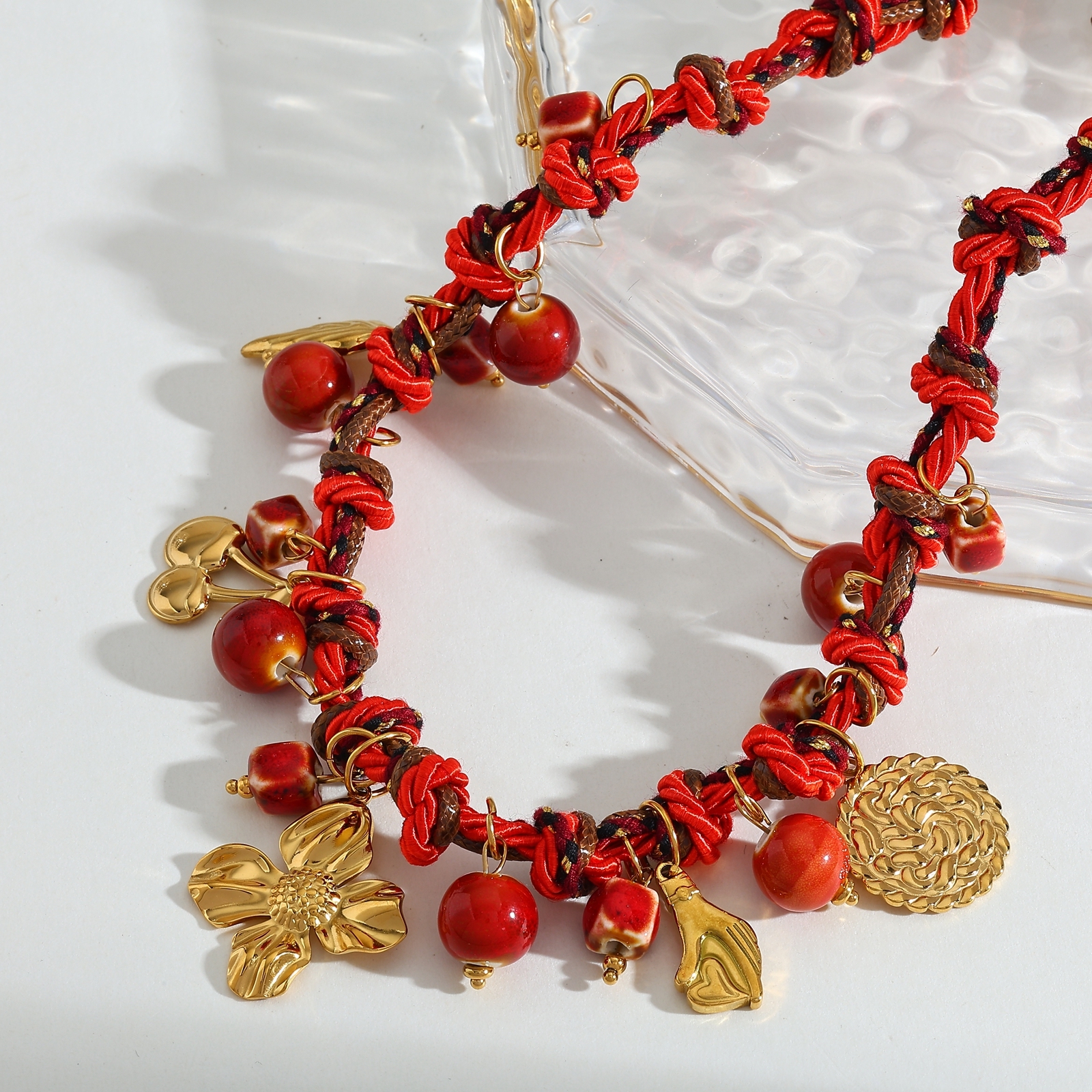 Wholesale Jewelry Casual Elegant Classical Leaf Cherry Heart Shape 304 Stainless Steel 18K Gold Plated PVD Coated Plating Silk Scarf Cord Cloth Strip Necklace