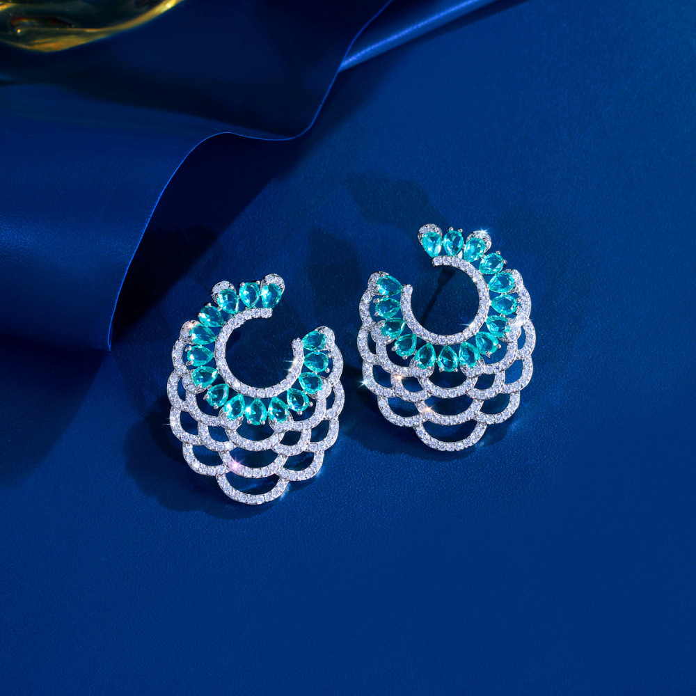 Women's Large Hoop Earrings Green Rhinestone Geometric C-Shape Drop Earrings Elegant French Copper Wedding Party Date Night Accessories