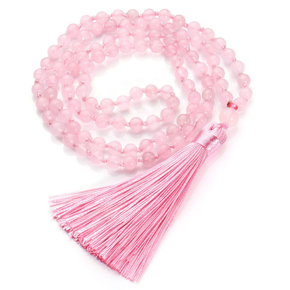 108 Pink Crystal Handmade Knot Necklace  Best Selling Long Tassel Accessories Meditation Woolen Chain In Stock Wholesale