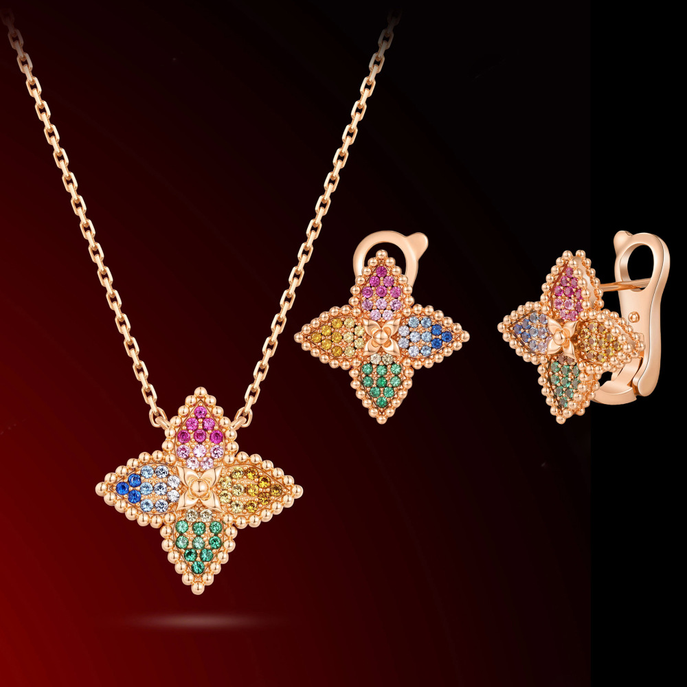 Luxurious Colorful Dopaamine Necklace And Earring Set For Women With Leaf Design Fake Diamond Fashion Jewelry Accessories