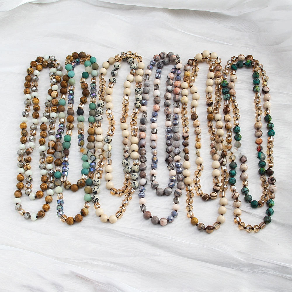 Fashion Bohemian Style Knot Natural Stone Glass Necklace For Women Sweater Chain Fashion Simple Matching Accessories Handmade Irregular