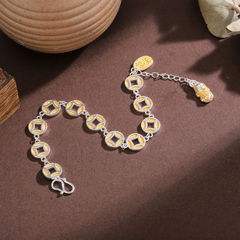 Universal Electroplated Silver Geometric Pattern Copper Vintage Ethnic Style Gold-Plated Pixiu Bracelet For Women New Chinese Style National Style Wealth-Attracting Fortune Copper Coin Hand Jewelry