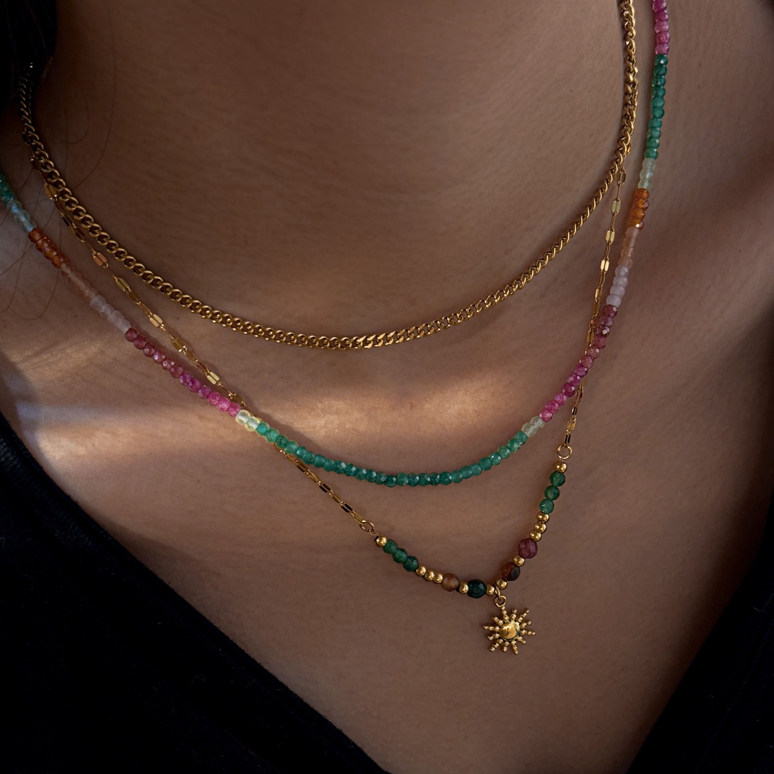 304 Stainless Steel Zircon Geometric Pattern Vacuum Plating (In Furnace) 18K Real Gold Plated Beaded Chain Lobster Clasp Colorful Gold Necklace For Women Elegant Basic Style (Simple Design) Novel Design
