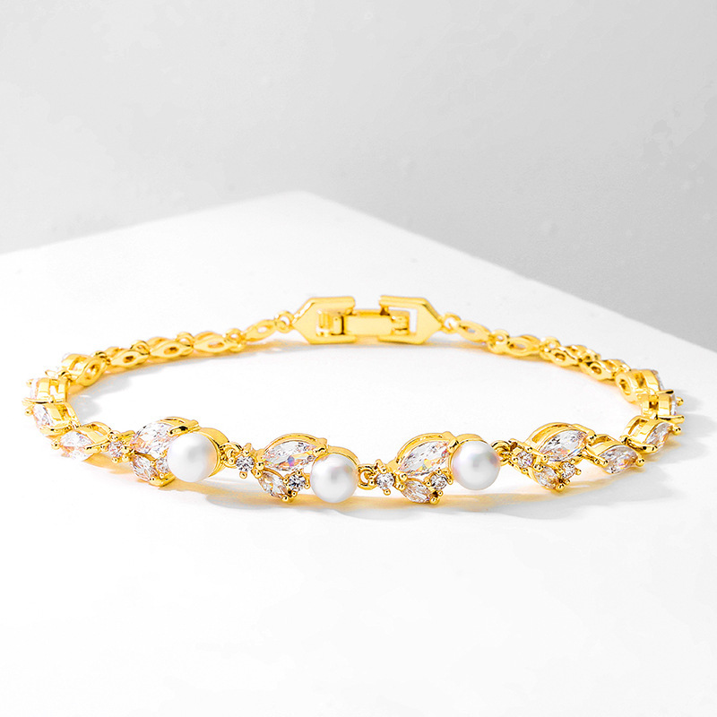 RAKOL New Luxury Light Weight Micro Paved Zircon Pearl Bracelet For Women Fashionable Versatile Hand Jewelry Geometric Pattern