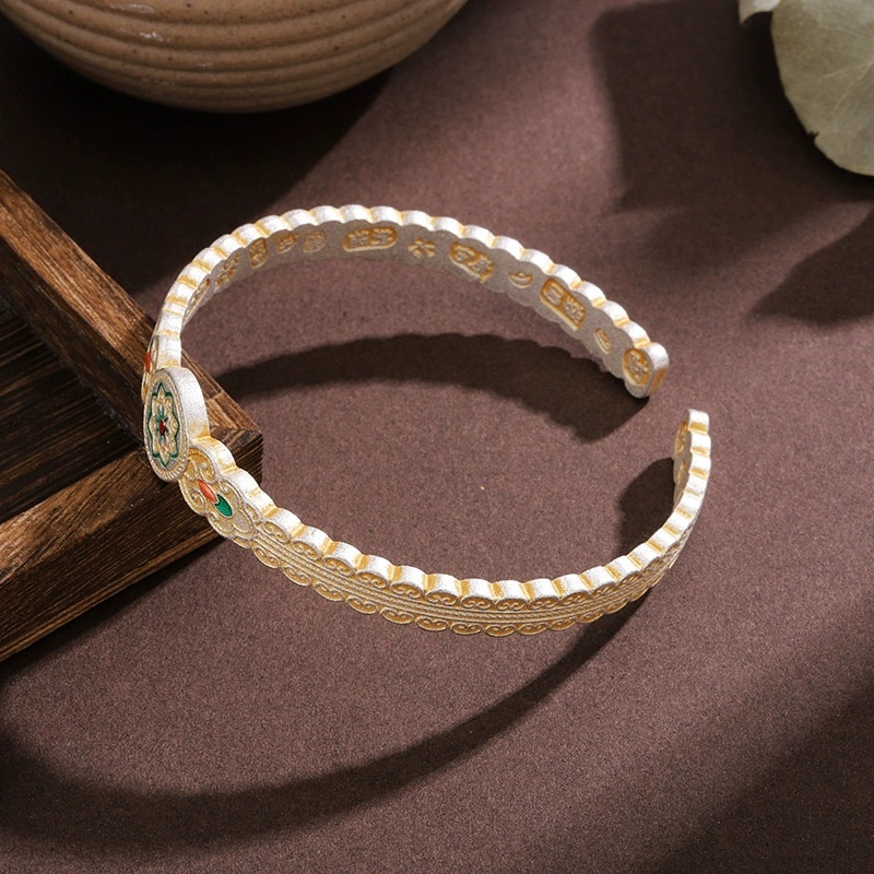 Vintage Ethnic Style Silver-Plated Bracelet With Gold Enamel Ruyibao Xianghua Auspicious Inscriptions Open-Ended Bracelet Copper Universal Electroplated Geometric Pattern National Trend Girlfriend