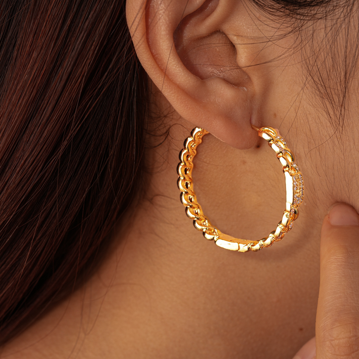 Exquisite Gold Plated Round Chain Zirconia Earrings Women's Fashion Jewelry Ear Cuffs Geometric Pattern Luxury Feelings