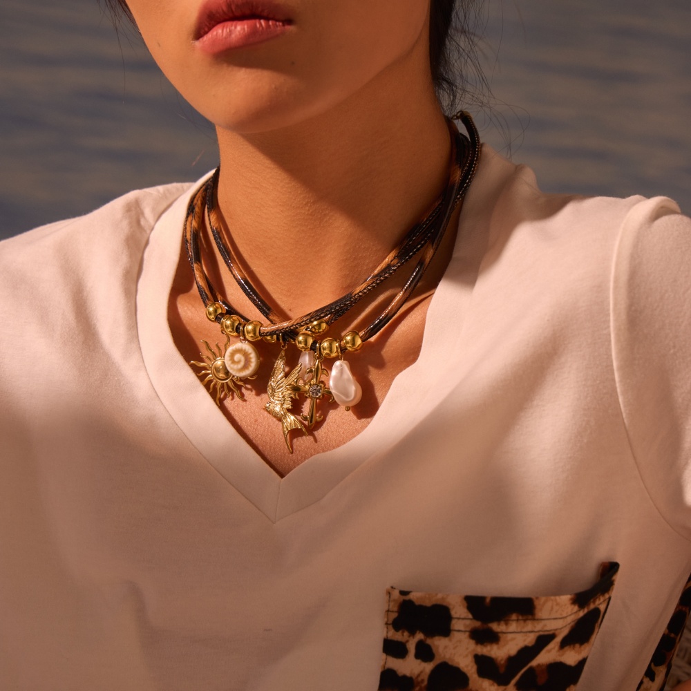 New Fashion Leopard Print Leather Stainless Steel Titanium Steel Sunbird Lobster Clasp Necklace Women's Jewelry Accessories