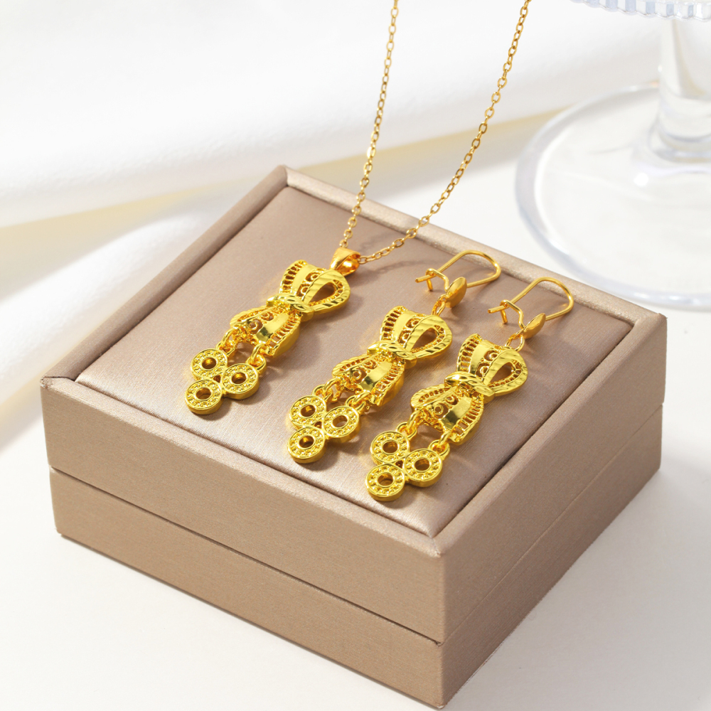 3pcs Fashion Personality Bowknot Copper Coin Pendant Necklace Earrings, Suitable For Daily Wear, Parties, And Holiday Gifts