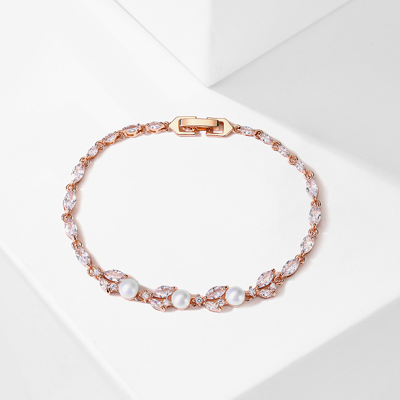 RAKOL New Luxury Light Weight Micro Paved Zircon Pearl Bracelet For Women Fashionable Versatile Hand Jewelry Geometric Pattern