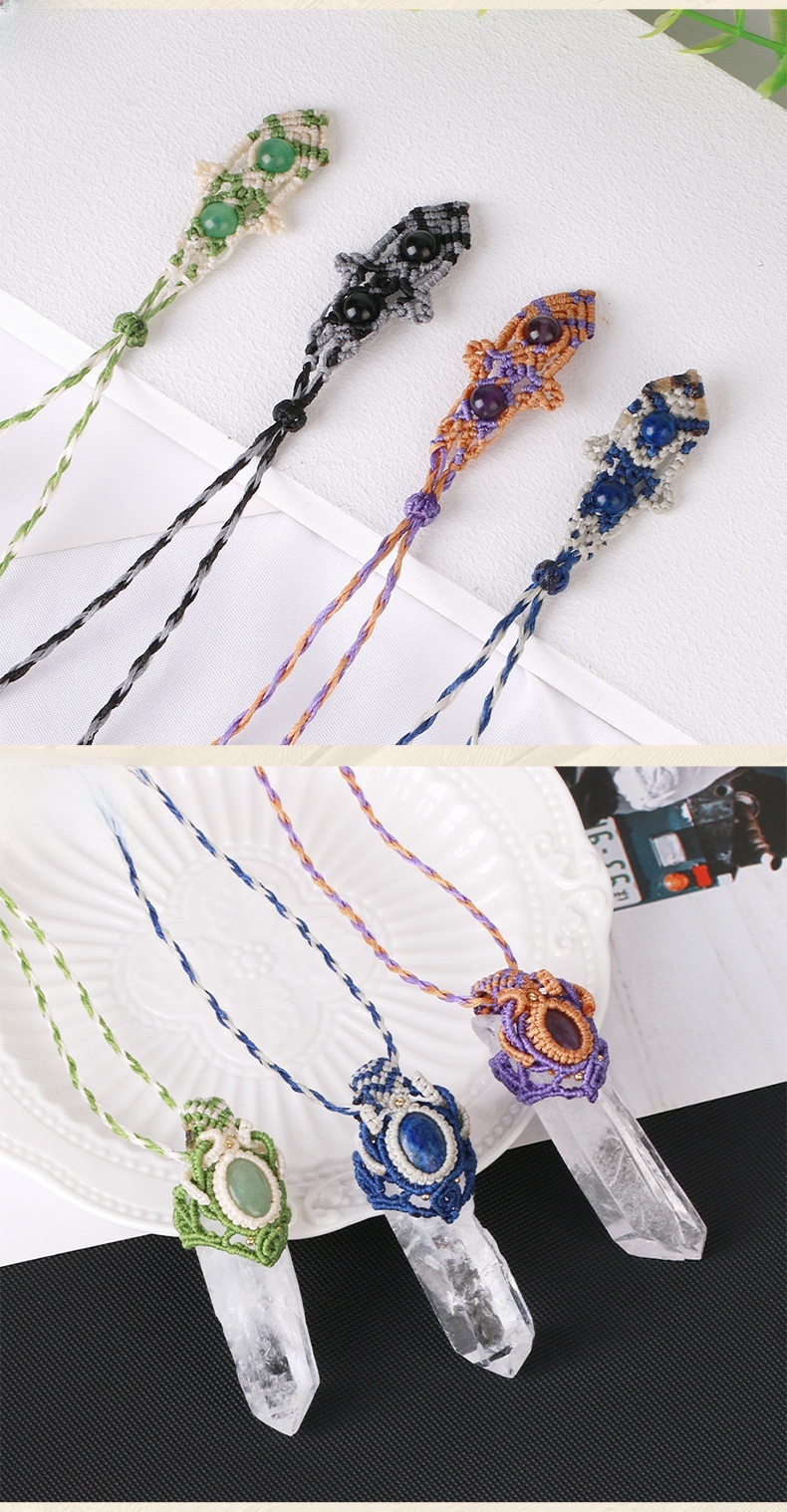 Natural Stone White Crystal Pendant Necklace Woven Rope Wrapped Oval Beads Unisex Jewelry CSJA Irregular Design Crystal Accessories