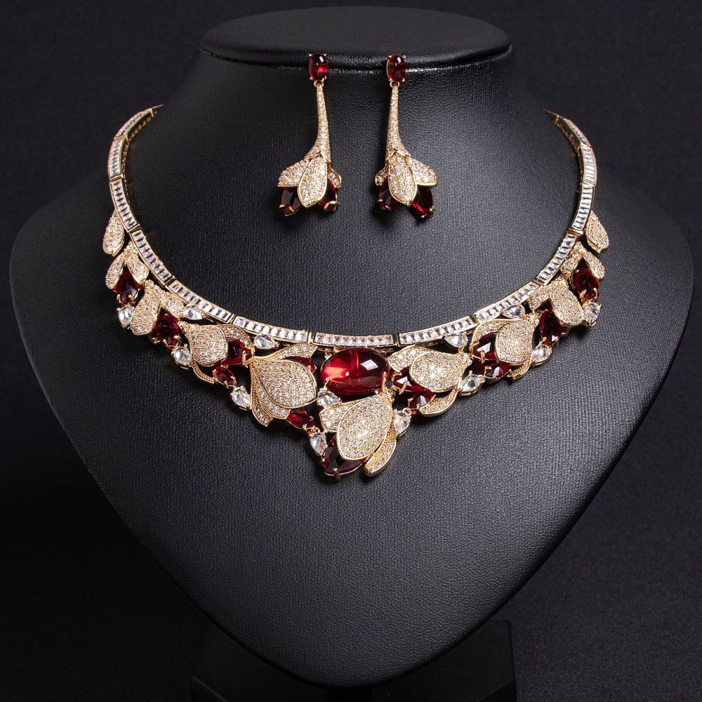 Elegant Fashion Waterdrop Shaped 3D Floral Leaf Earrings Necklace Set Embedded Zirconia Trendy Jewelry Women's Copper Simple Craft