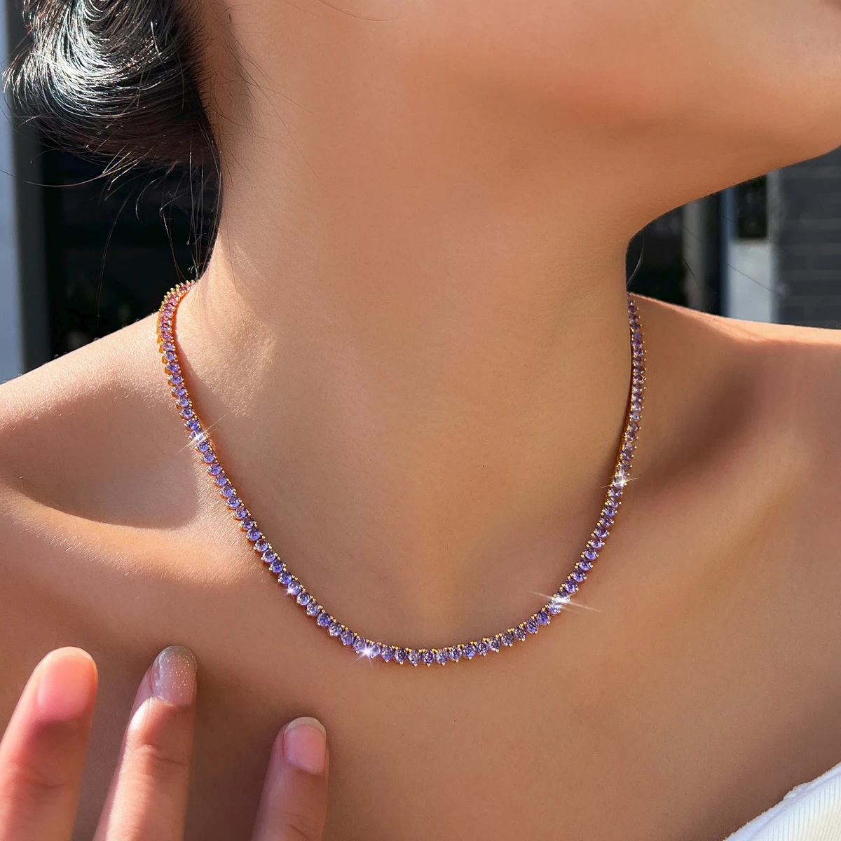 Copper Material Water Plated Rhodium Inlaid Purple Round Zircon Geometric Pattern (Jewelry) Waterproof Non-Fading Butterfly Clasp Women's Wedding Full Diamond Tennis Necklace