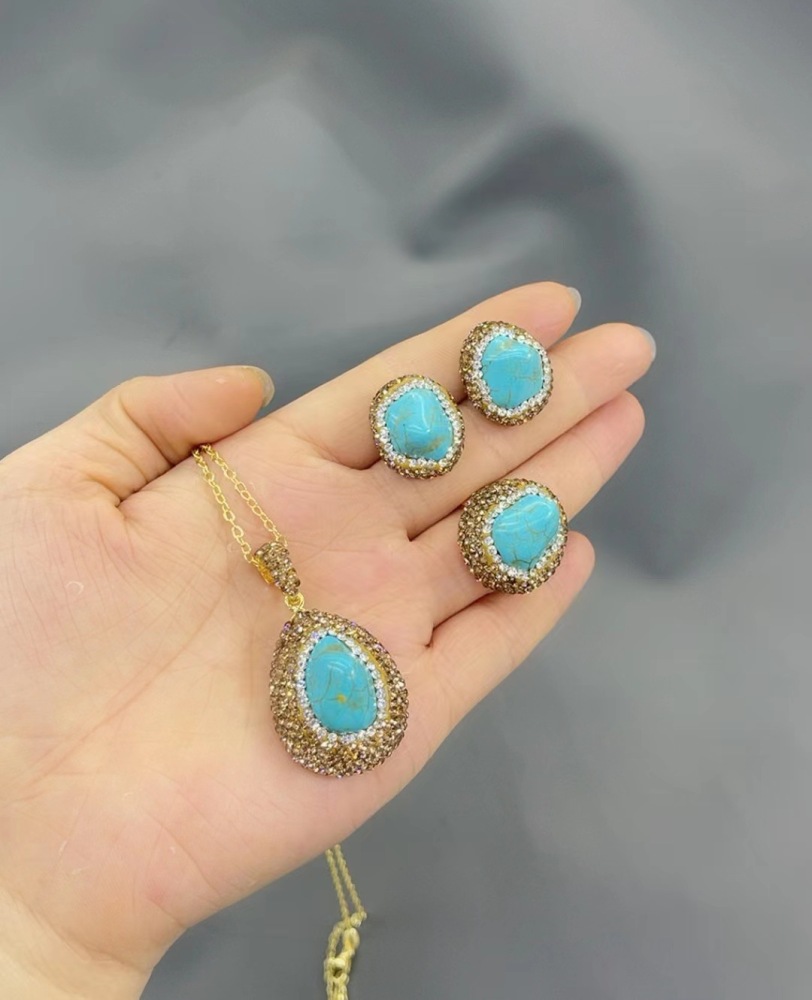 New Natural Turquoise Set  Style Vintage Necklace Earrings Ring Bracelet Jewelry Accessories