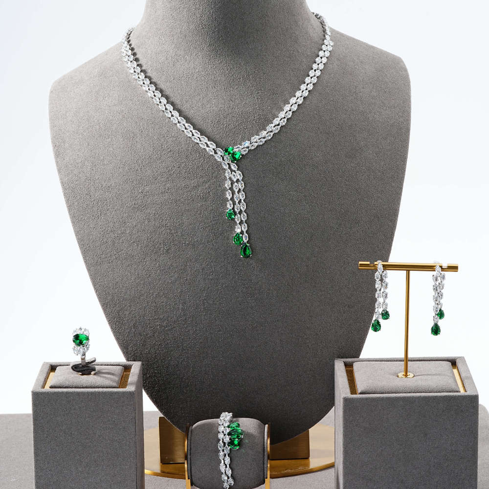 Elegant Fashion Jewelry Set, Water Drop Geometric Tassel Design Zircon Exquisite Necklace Earrings Bracelet Ring, Ideal Gift For Women, Suitable For Date And Party Accessories