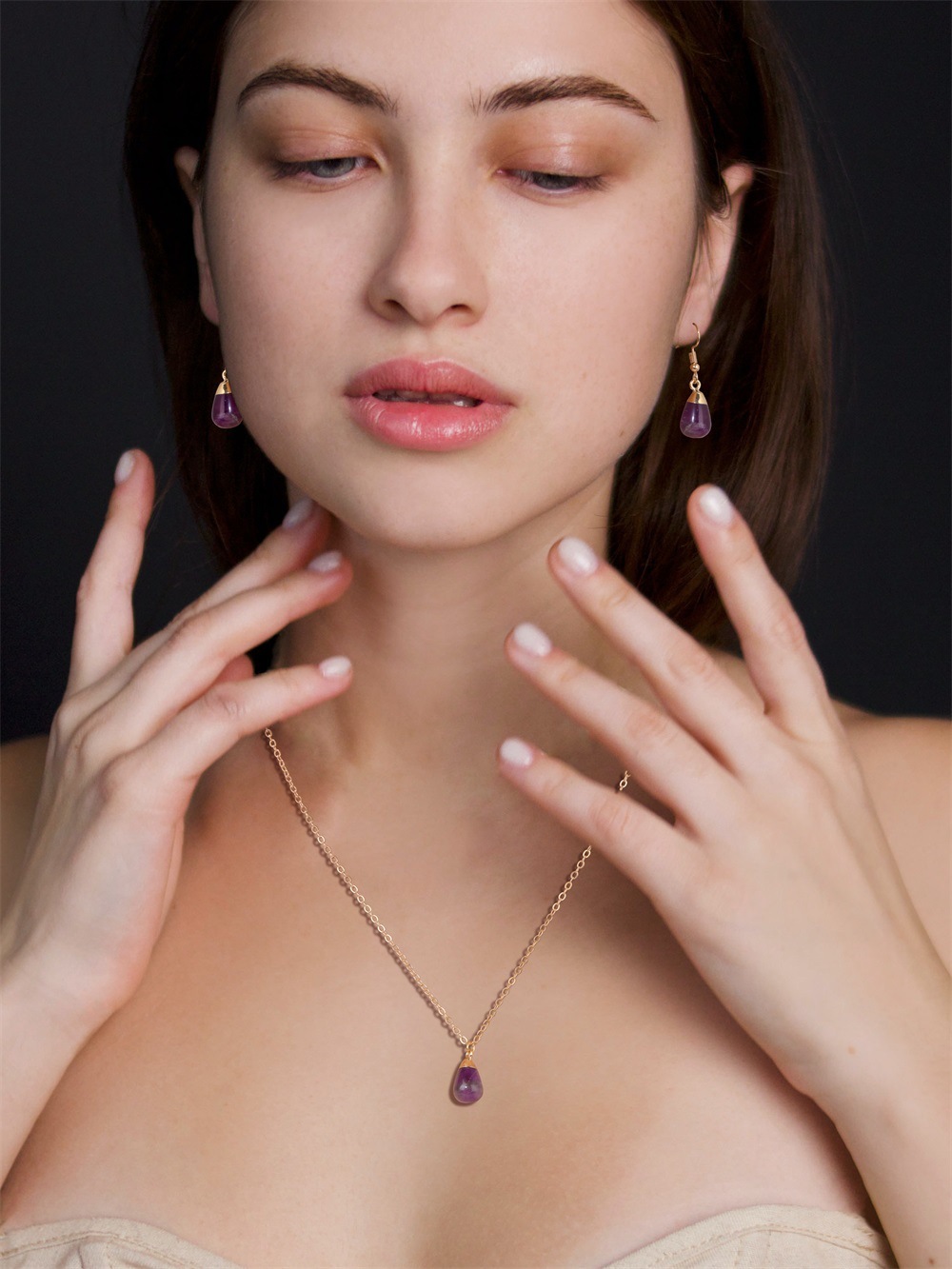 Simple Vintage Geometric Crystal Necklace Earring Set Waterdrop Natural Stone Pendant Unisex Jewelry Accessories