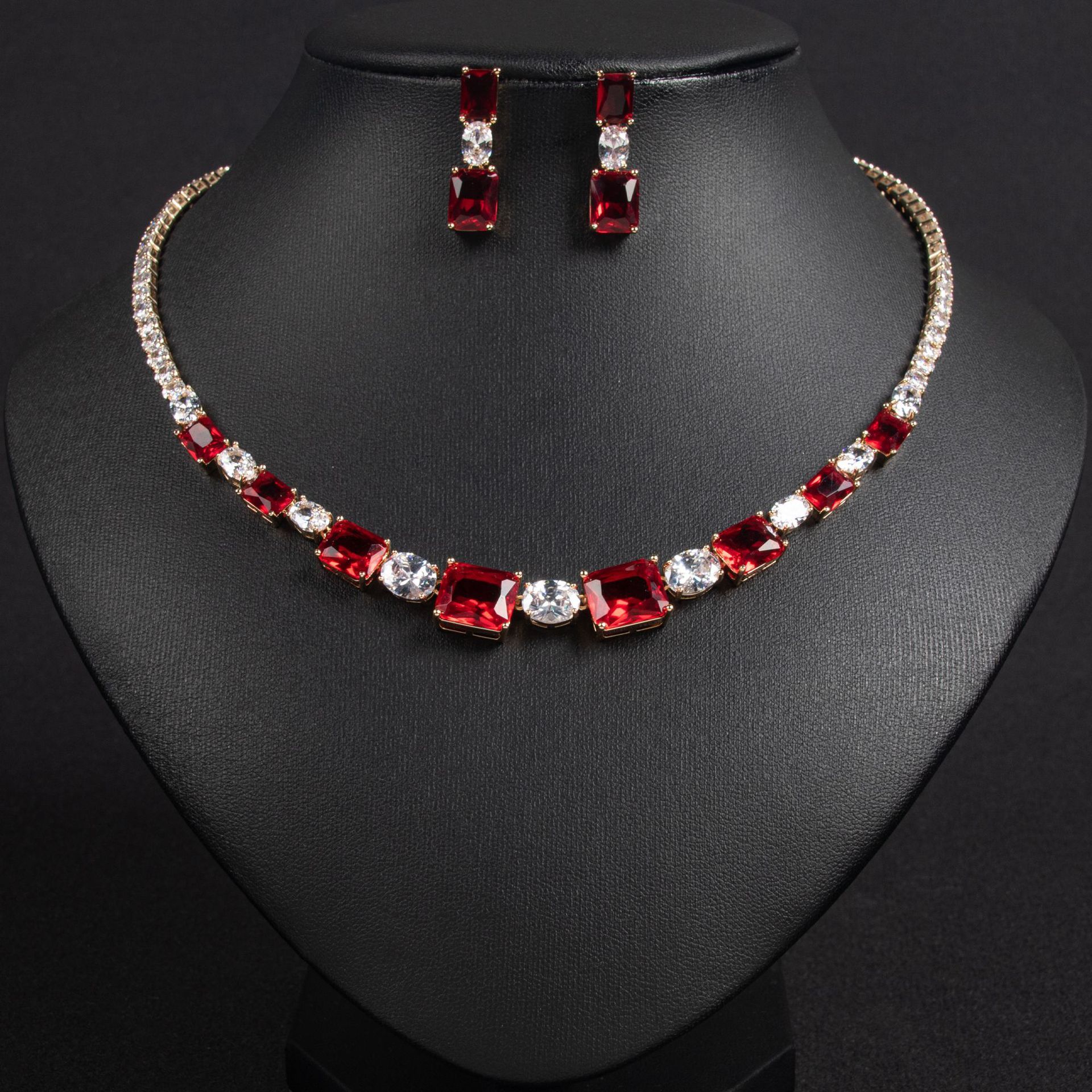 Wedding Dress Jewelry Set Women's Fashion Square Block Necklace Earrings Bracelet Luxury Style Copper Material Zircon Inlay
