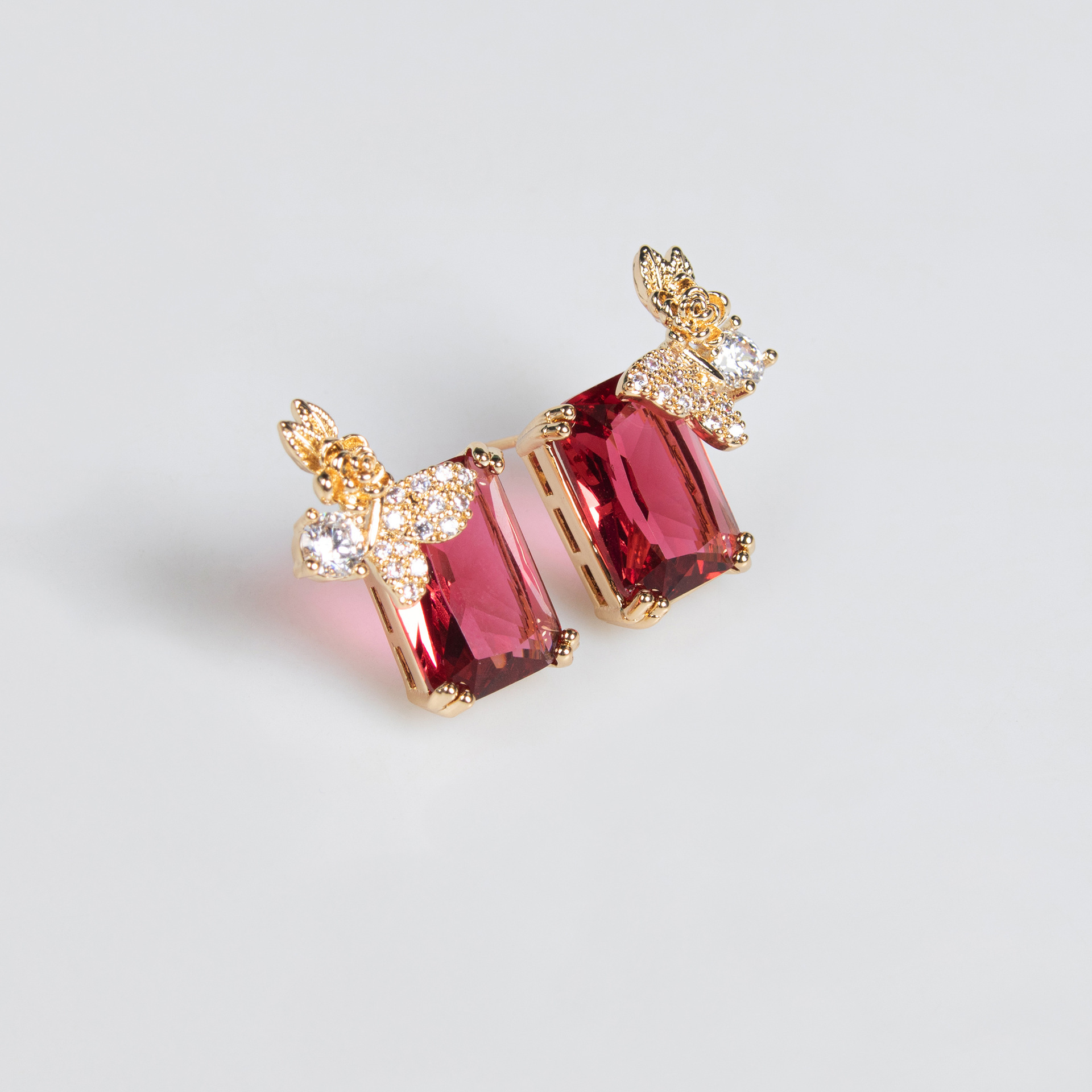 Fashionable Red Ruby Necklace Earring Set Simple Versatile Square Zirconia Pendant Clavicle Chain Jewelry Set For Women