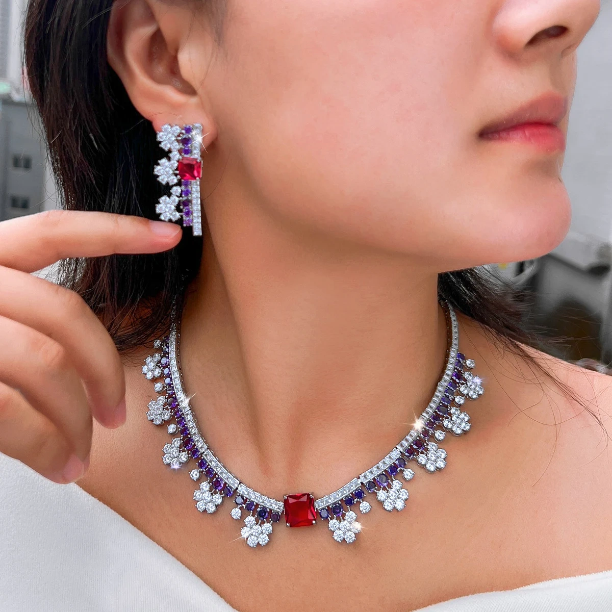 Copper Jewelry Two-Piece Set Charming Purple White Red Zircon Inlaid Floral Necklace Earring Set Suitable For Women Engagement/Wedding Ideal Jewelry Gift