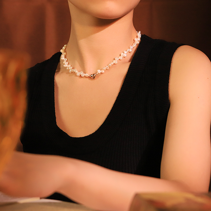 Heart Copper Clasp Natural Pearl Necklace For Women Original Handmade Fresh Versatile High-end Beaded Choker Collarbone Chain 18K Gold Plated