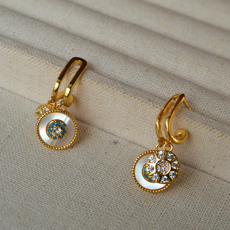 White Mother-of-Pearl Turkish Eye Zirconia Sparkling Diamond 925 Silver Needle Earrings Women's Jewelry Accessories Hoop Earrings