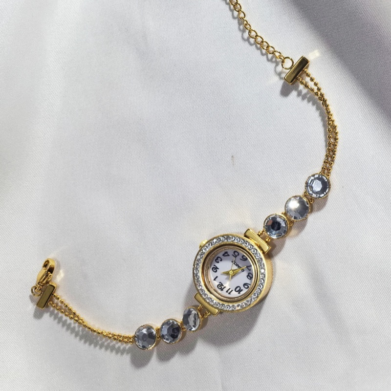 304 Stainless Steel Diamond-Inlaid Unisex Electronic Watch Bracelet Gold Round Pattern Crystal Pendant Chain Accessories