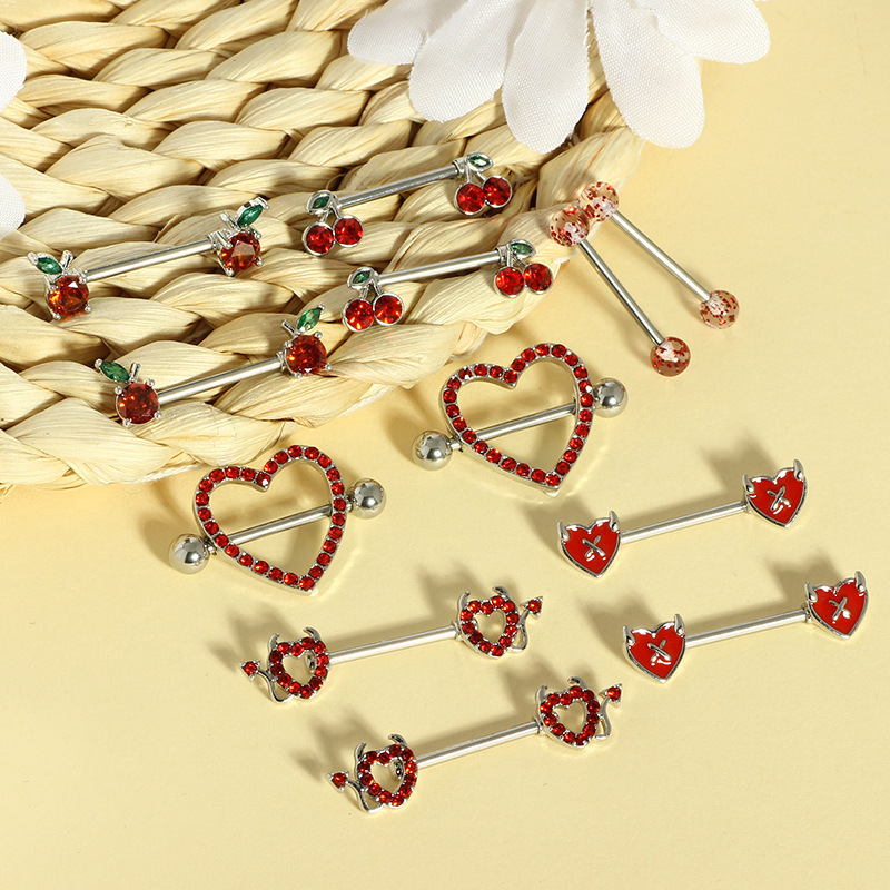 Red Diamond Embedded Heart Cherry Piercing Jewelry Set Women's Stainless Steel Fashion Accessories  Style